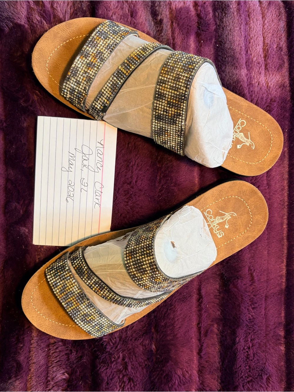 Corkys Tan Slide Sandals with Metallic Beaded Straps